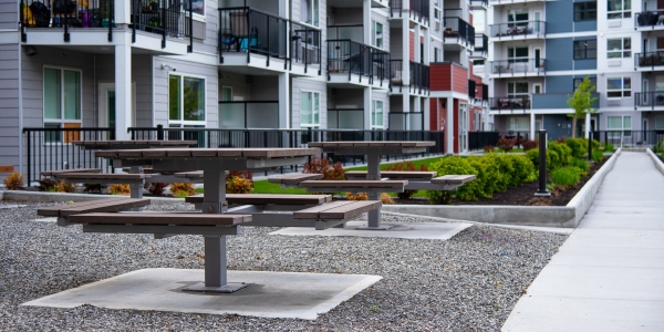 Wishbone Single Pedestal Picnic Tables at Trio Apartments in Kelowna BC